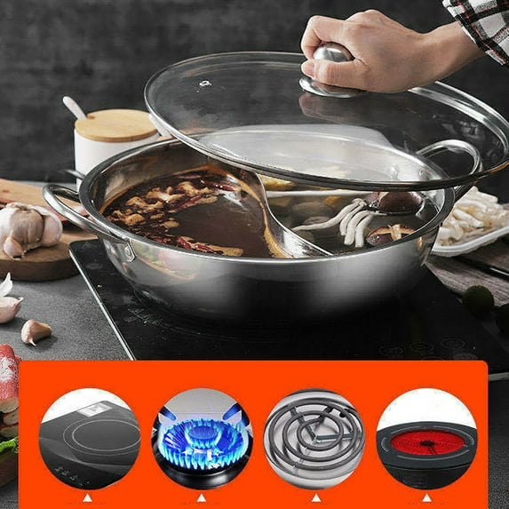 Shabu Shabu 12" Dual Site Divider Stainless Steel Hot Pot with Glass Lid, Silver