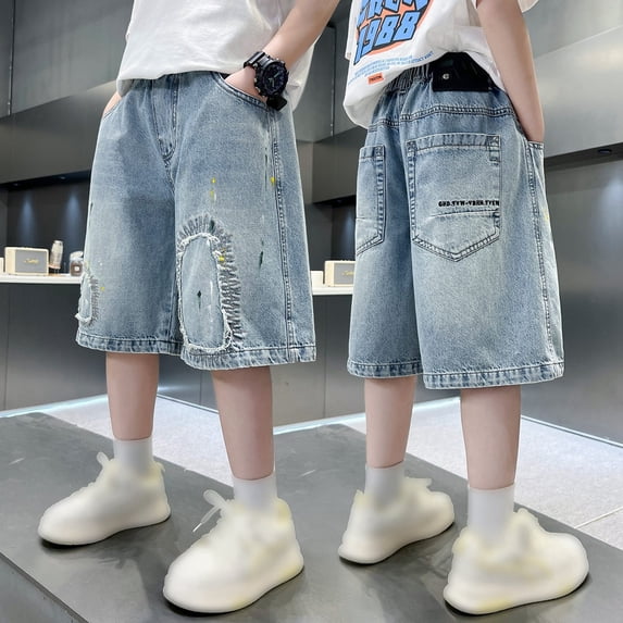 Shachafan Boys Elastic Waist Denim Shorts With Pockets Summer Casual Wear For Kids Girls Sports Shorts