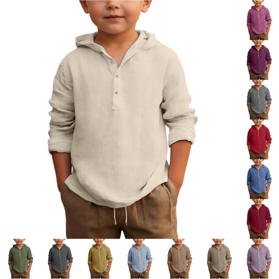 Shachafan Boys Summer Hooded Shirt Long Sleeve Button Down Beach Top Breathable Solid Color Casual Wear For Youth Children Fit Apparel