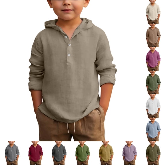Shachafan Boys Summer Hooded Shirt Long Sleeve Button Down Beach Top Breathable Solid Color Casual Wear For Youth Children Fit Apparel