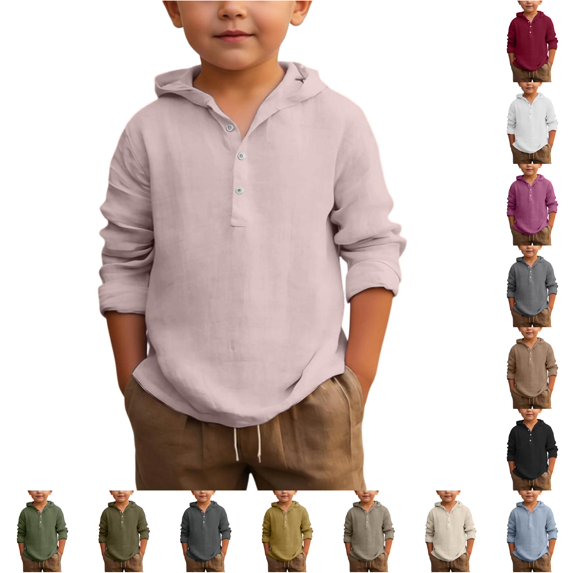 Shachafan Boys Summer Hooded Shirt Long Sleeve Button Down Beach Top Breathable Solid Color Casual Wear For Youth Children Fit Apparel