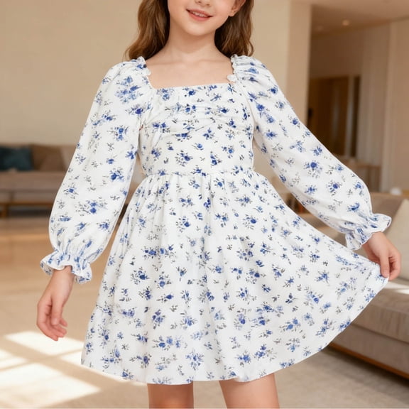 Shachafan Elegant Square Neckline Girls Dress With Puffed Sleeves And Flounced Hem High Waist Floral Lace Trim Party Dress For And Celebrations Girl Dresses Casual Modern Dresses for Girls