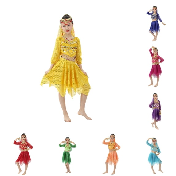 Shachafan Girls Belly Dance Performance Outfit With Short Skirt And Sleeves For Kids Stage Show Girls Top And Pants Set