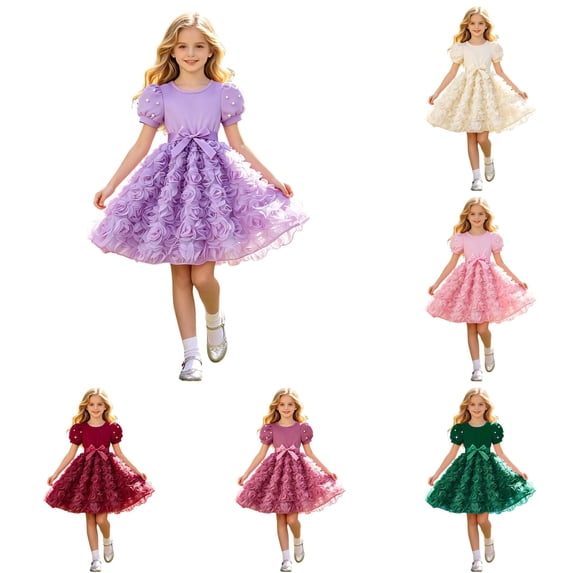 Shachafan Girls Dresses Pearl Short Sleeve Rose Floral Print Party Dress For Toddler Summer Casual Wear Flower Girl Dresses