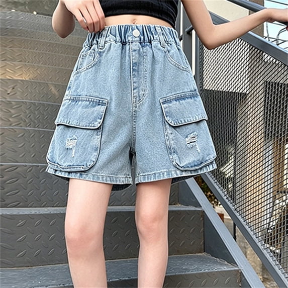 Shachafan Girls Utility Denim Shorts For Kids With Elastic Waistband – Everyday Wear For Girls Stitching Comfort Fit Track Shorts for Women