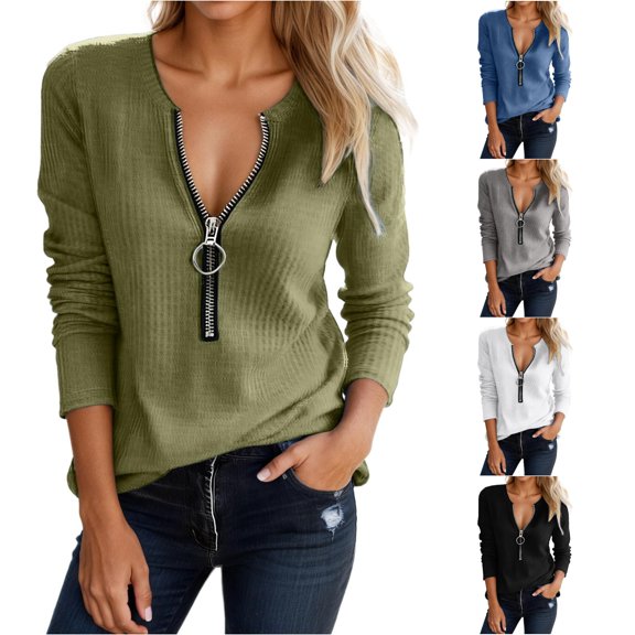 Shachafan Knit Zip Front Round Neck Pullover T Shirt Soft Casual Loose Fit Top For Everyday Wear Comfortable Stylish Basic Tee T Shirt Women Blank