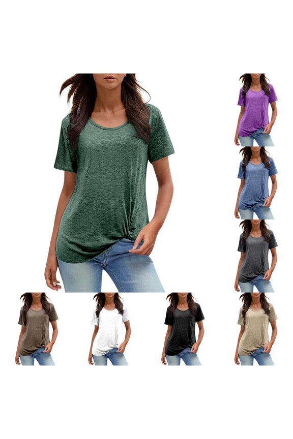 Round Neck Short Sleeve Casual T Shirt For Women With Knot Detail Solid Color Relaxed Fit Top Women's Shirts