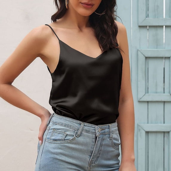 Shachafan Top À Bretelles En Satin Pour Femme Élégant Haut À Bretelles Avec Décolleté En V Bretelles Réglables Top À Fines Bretelles Pour Femmes Oversized