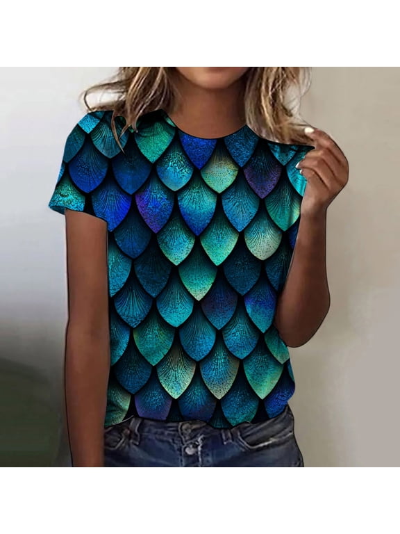 Women's Casual All Over Scale Print Crew Neck T Shirt Short Sleeve Womens Swim Shirt