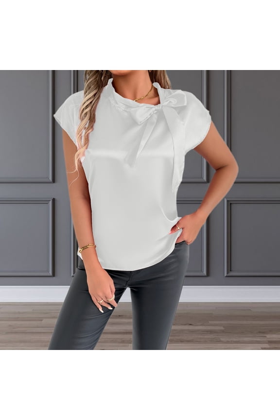 Women's Elegant Bow Neck Satin T Shirt Casual Blouse Summer Spring Top Tee With Ribbon Collar Women Tops Spandex