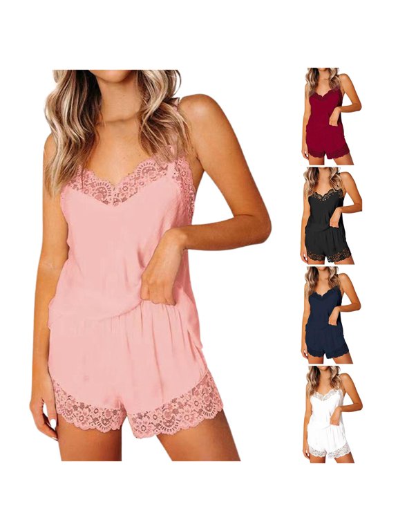 Women's Lace Solid Color Camisole And Shorts Pajama Set 2 Piece Sleepwear Maternity Shorts Suit
