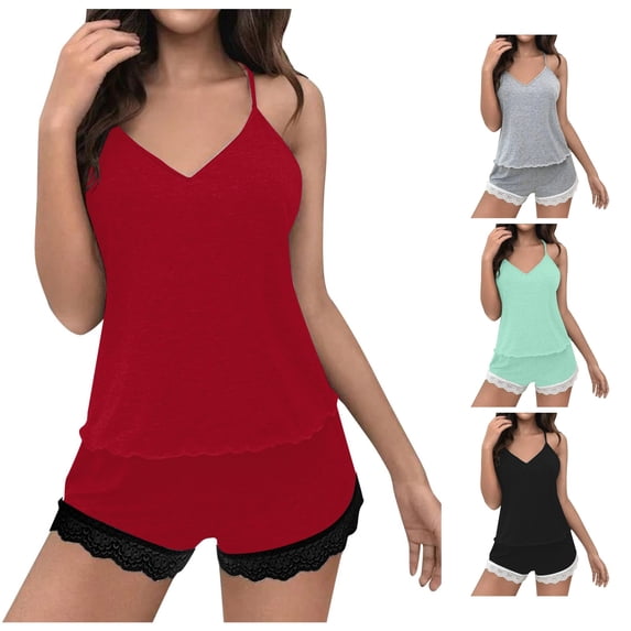 Shachafan Women's Lace V Neck Strap Pajama Set With Shorts 2 Piece Sleepwear Combo Flannel Pajamas Juniors