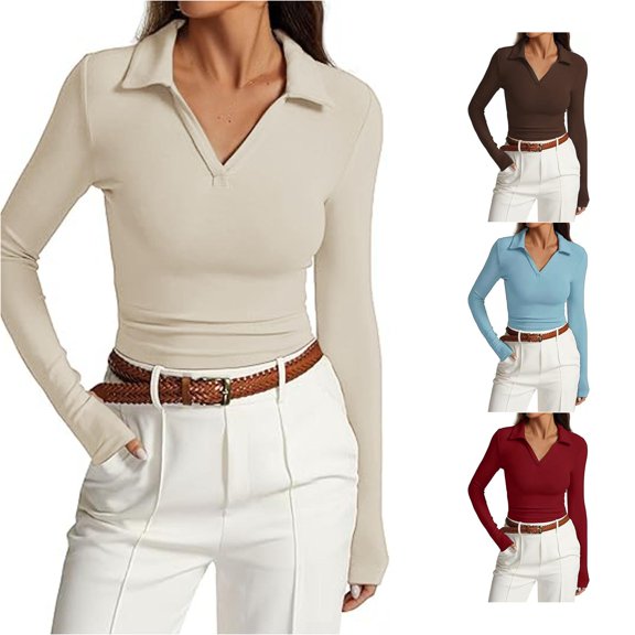 Shachafan Women's Long Sleeve V Neck Slim Fit Casual Basic Pleated Top T Shirt Compression Shirt Women