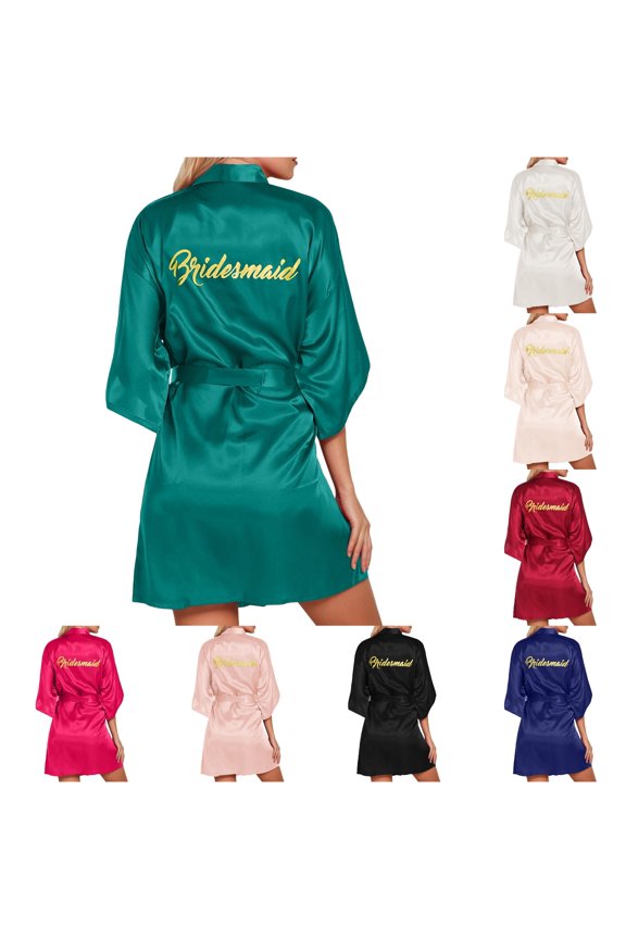 Women's Wedding Party Robe Letters Kimono Satin Pyjamas Bridesmaid Bathrobe Long Hooded Robe