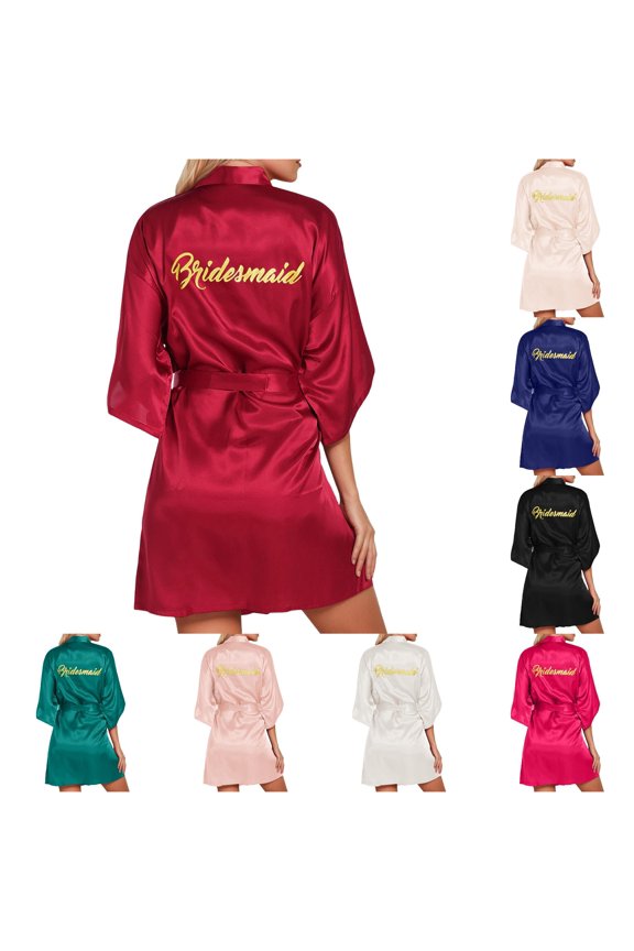 Women's Wedding Party Robe Letters Kimono Satin Pyjamas Bridesmaid Bathrobe Long Hooded Robe