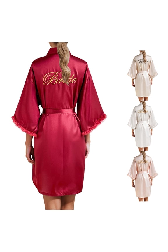 Women's Wedding Party Robe Letters Kimono Satin Pyjamas Bridesmaid Bathrobe Silk Floral Robes for Women