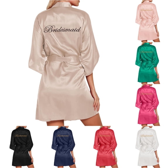 Shachafan Women's Wedding Party Robe Letters Kimono Satin Pyjamas Bridesmaid Bathrobe plus Size Long Kimonos for Women