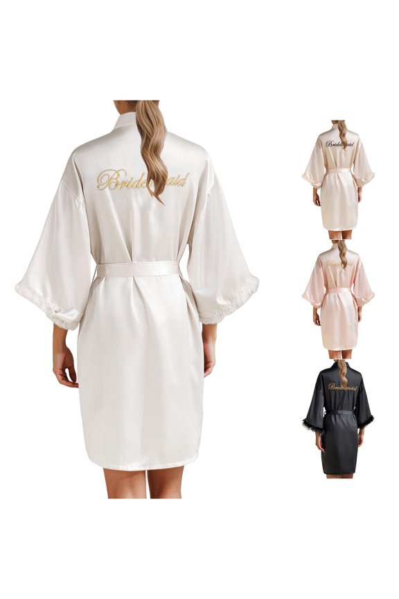 Women's Wedding Party Robe Letters Kimono Satin Pyjamas Bridesmaid Bathrobe plus Size Maternity Robe 3xl