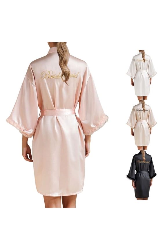 Women's Wedding Party Robe Letters Kimono Satin Pyjamas Bridesmaid Bathrobe plus Size Maternity Robe 3xl