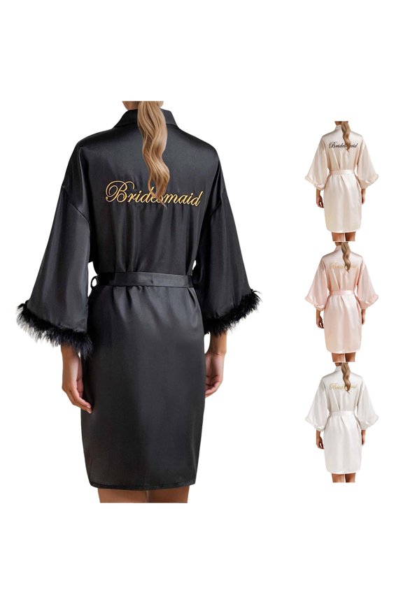 Women's Wedding Party Robe Letters Kimono Satin Pyjamas Bridesmaid Bathrobe plus Size Maternity Robe 3xl