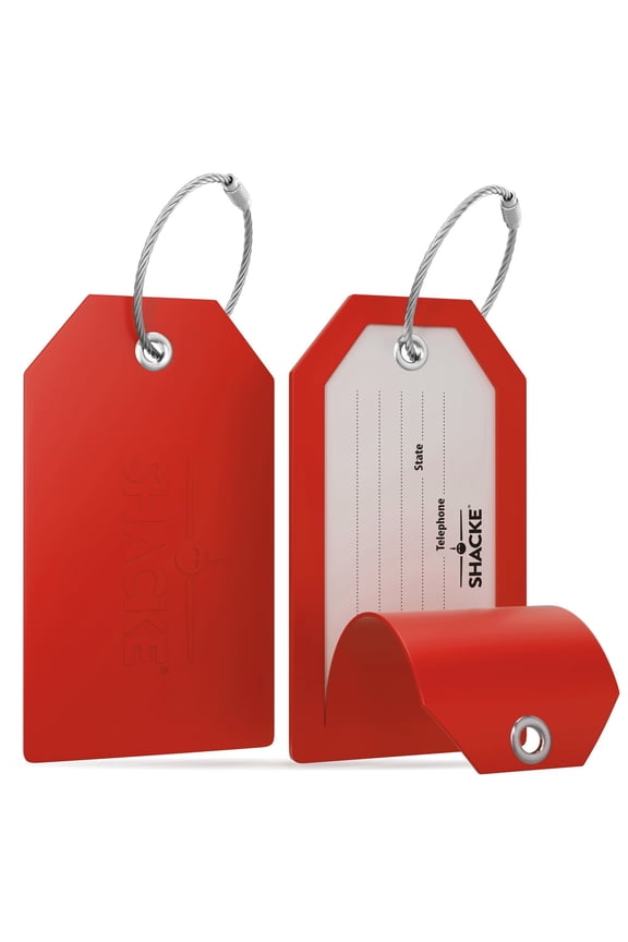 Luggage Tags with Full Back Privacy Cover w/ Steel Loops - Set of 2 (Red)