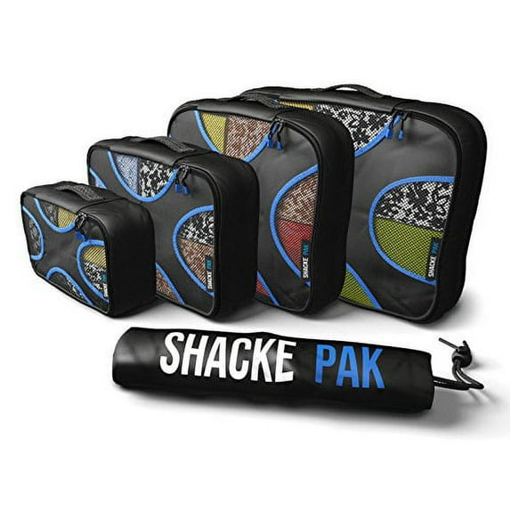 Shacke Pak - 4 Set Packing Cubes - Travel Organizers with Laundry Bag (Black/Blue)