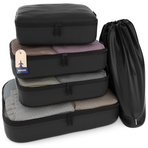 Shacke Premium 5 Packing Cubes Set - Lightweight Mesh Travel Luggage Organizers with Laundry Bag, 5-Piece Suitcase Storage System (Air Black)