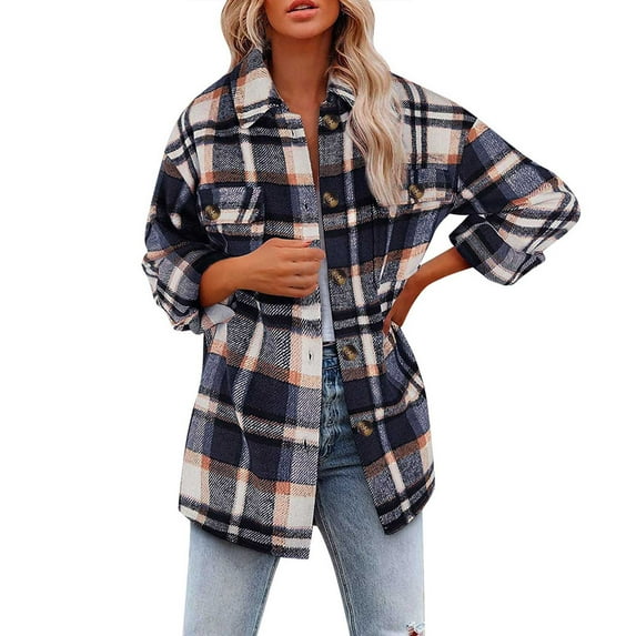 Shacket Jacket for Women Casual Flannel Plaid Shirts Long Sleeve Button Down Blouses V Neck Collared Coat with Pockets