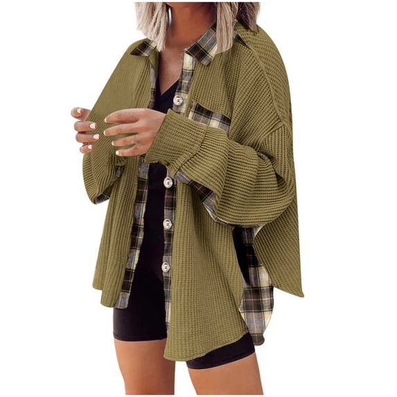 Shacket for Women 2024 Womens Waffle Knit Shacket Jacket Oversized Boyfriend Casual Long Sleeve Button Down Shirts Blouses Womens Shacket Fall Clearance Sale
