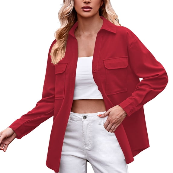 Shacket Women! Comdrip Women's Casual Fashion Double Pocket Loose Fitting Long Sleeved Solid Color Shirt Womens Shacket Red L