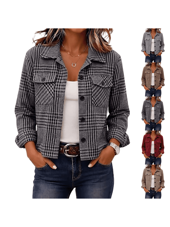 Shacket Women Flannels Cropped Jacket Fashion Plaid Fall Coat Button down Crop Trendy Winter Outwear Dark Gray S