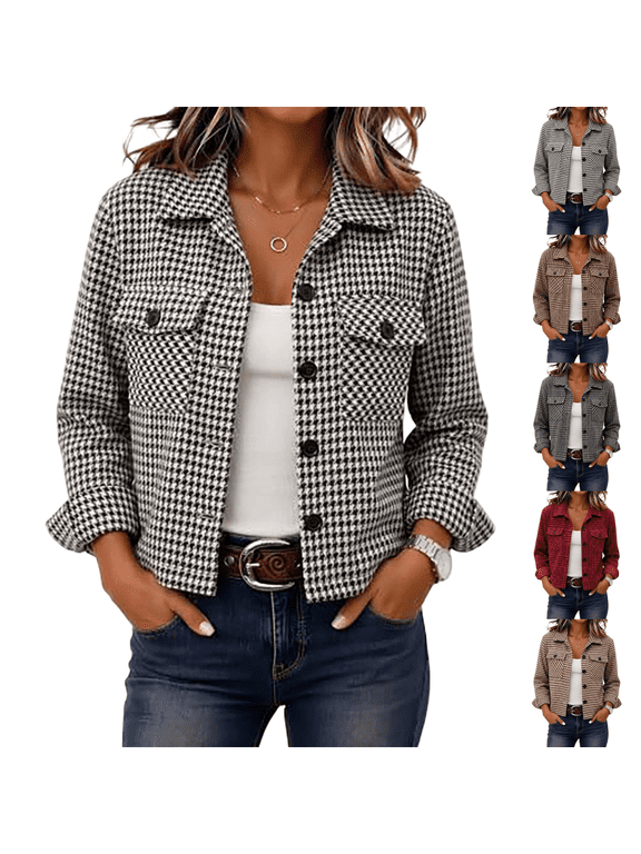 Shacket Women Flannels Cropped Jacket Fashion Plaid Fall Coat Button down Crop Trendy Winter Outwear Gray 2XL