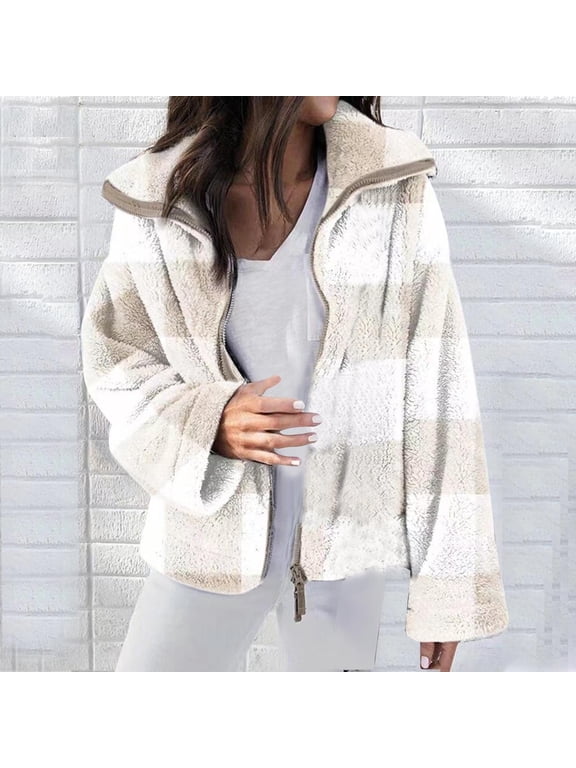 Shacket Womens Brushed Flannel Plaid Shirt Jacket for Women Lapel Zip Up Fleece Short Women Plaid Shacket Jackets Shirts Coats