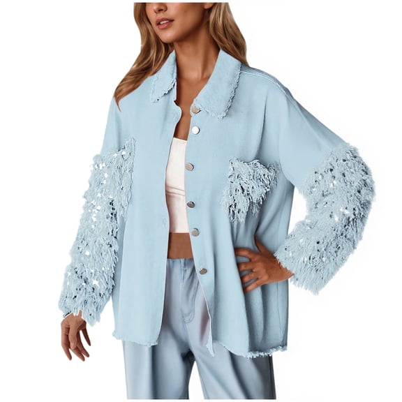 Shacket for Women Denim Fringe Star Sequin Sleeve Button Down Patch Pocket Fashion Streetwear Outer Jacket Light Blue XXL
