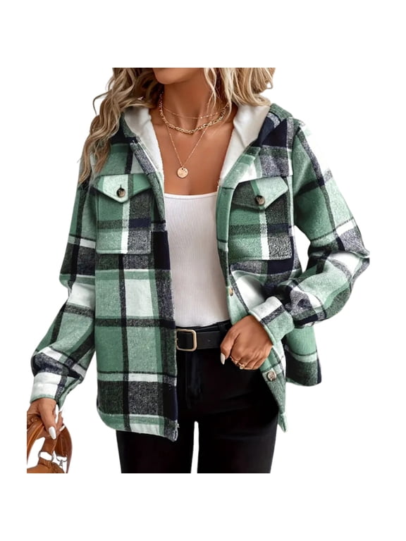 Shackets for Women 2025, Lightweight Plaid Baseball Jacket Casual Oversized Hooded Spring Coat 2025 Trendy Outdoor Festival Windbreaker Petite Plus Size Breathable Long Green L