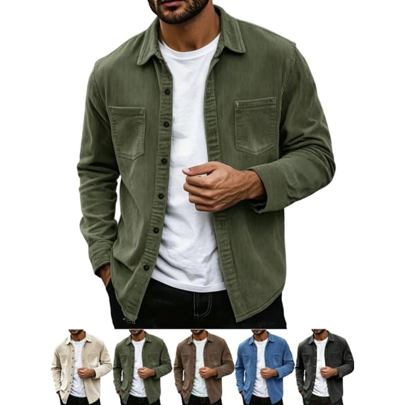 Shackets for Men Classic Corduroy Button Front Lapel Long Sleeve with Pockets Office Jacket