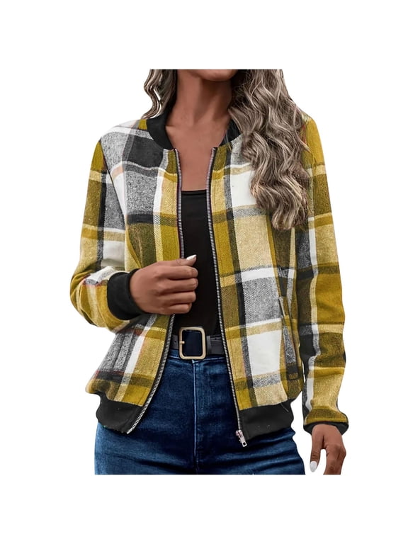 Shackets for Women 2026 Fashion Flannel Plaid Zip Up Jackets Casual Long Sleeve Baggy Outwear Coat Fall Clothes
