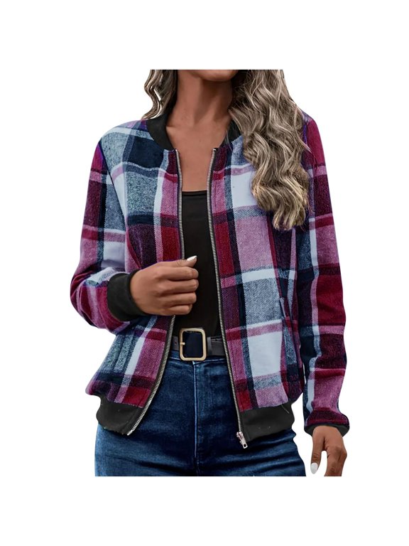 Shackets for Women 2026 Fashion Flannel Plaid Zip Up Jackets Casual Long Sleeve Baggy Outwear Coat Fall Clothes