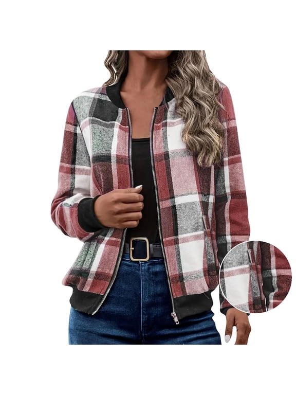 Shackets for Women 2026 Fashion Flannel Plaid Zip Up Jackets Casual Long Sleeve Baggy Outwear Coat Fall Clothes