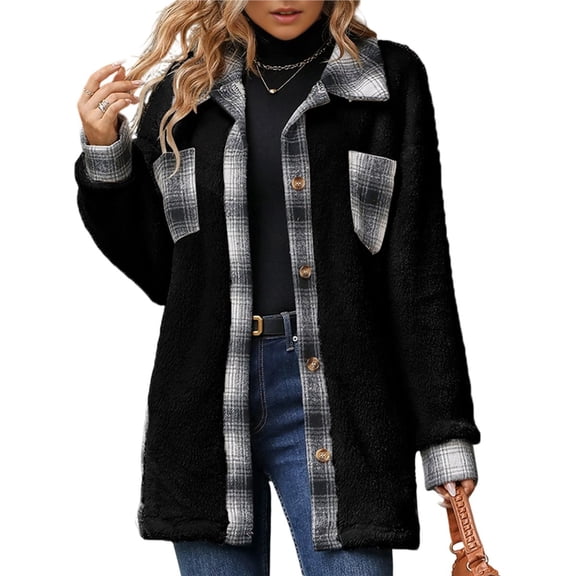 Shackets for Women Fleece Button Down Plaid Long Coat Lapel Hooded Fleece Lined Jacket Fashion Color Block Tops Black S