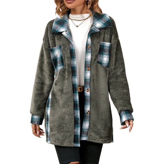 Shackets for Women Fleece Button Down Plaid Long Coat Lapel Hooded Fleece Lined Jacket Fashion Color Block Tops Gray L