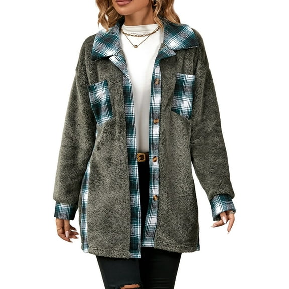 Shackets for Women Fleece Button Down Plaid Long Coat Lapel Hooded Fleece Lined Jacket Fashion Color Block Tops Gray L
