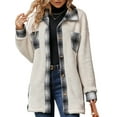 thumbnail image 1 of Shackets for Women Fleece Button Down Plaid Long Coat Lapel Hooded Fleece Lined Jacket Fashion Color Block Tops White M, 1 of 8