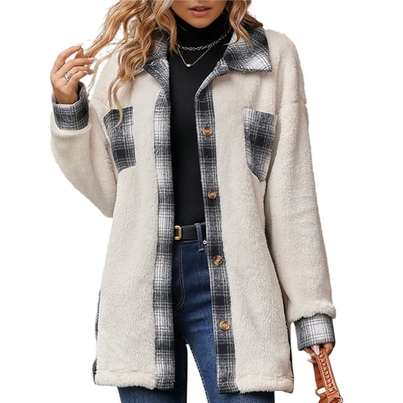 Shackets for Women Fleece Button Down Plaid Long Coat Lapel Hooded Fleece Lined Jacket Fashion Color Block Tops White S