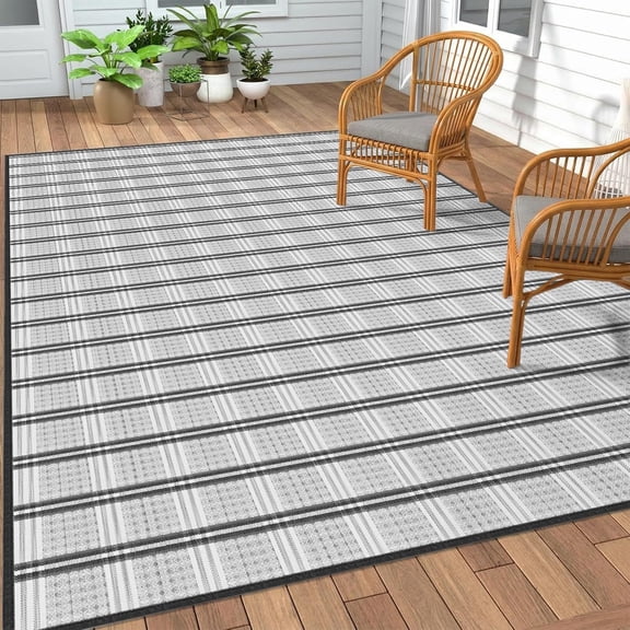 Shade&Beyond 8x10 ft Reversible Outdoor Rug, Waterproof UV Resistant Plastic Straw Patio Mat, Portable Camping Rug with Carry Bag for RV, Beach, Deck, Garden Backyard, Gray & White