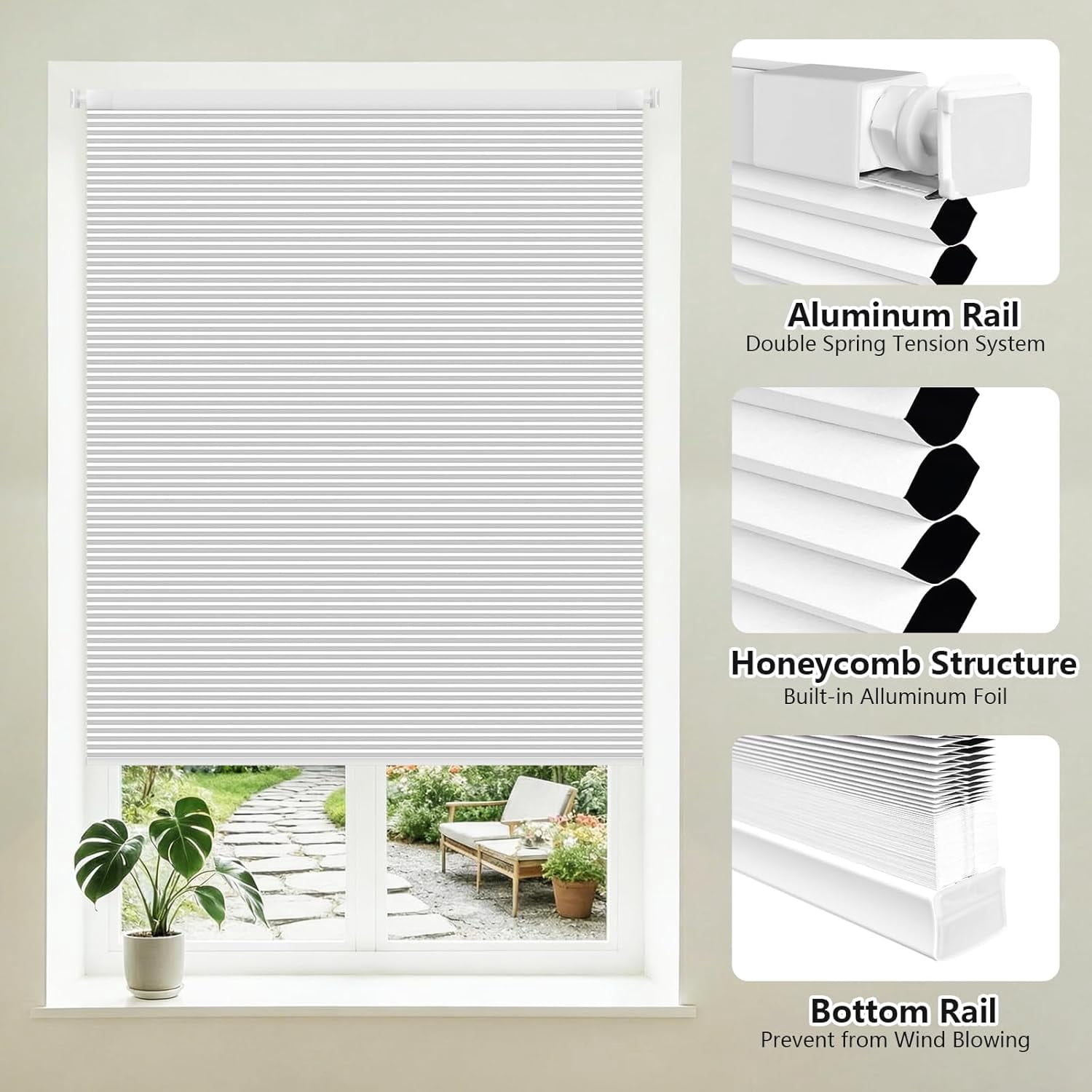 Shade&Beyond No Tools No Drill Blinds for Indoor Windows 20"W x 48"H, Cordless Top Down Bottom Up (TDBU) Blackout Cellular Honeycomb Shade for Window,White