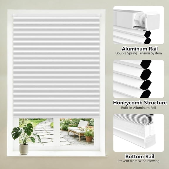 Shade&Beyond No Tools No Drill Blinds for Indoor Windows 22"W x 48"H, Cordless Top Down Bottom Up (TDBU) Blackout Cellular Honeycomb Shade for Window,White