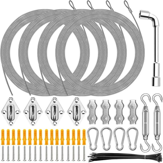 Shade Sail Hardware Kit with 4Pcs 12FT Length Extension Wire Rope,304 Stainless Steel Shade Awning Kit, Sun Shade Sails Installation Kits for Rectangle Square Triangle Shade Canopy
