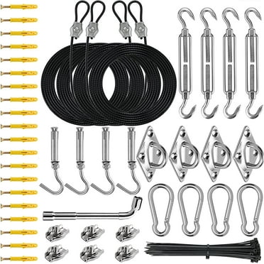 Shade Sail Hardware Kit with 4pcs 13ft Nylon Coated Cable Wire, Sun Shade Sail Hardware 304 Grade Stainless Installation Kit Set for Triangle Square Rectangle Sun Shade Sail for Outdoor_117Pcs
