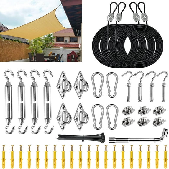 Shade Sail Hardware Kit with 4pcs 13ft Nylon Coated Cable Wires, Sun Shade Sail Hardware Kit, 304 Stainless Steel Shade Sail Installation Kit for Triangle Rectangle Shade Sail for Garden B